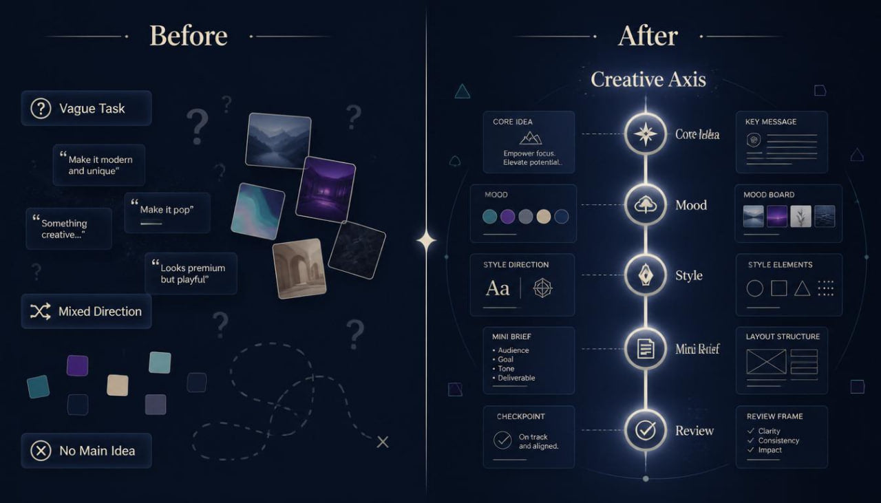 Before and after comparison of a design process on a dark background