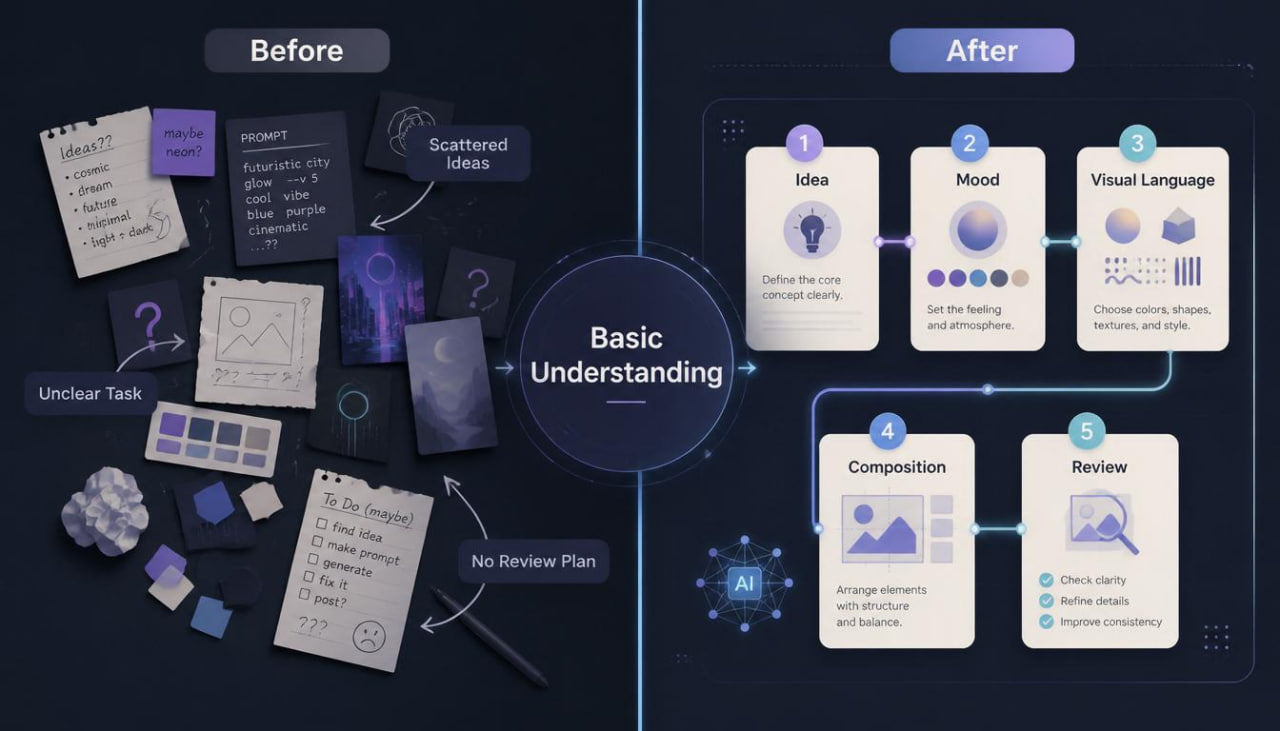 Before and after comparison of a design process flowchart on a dark background