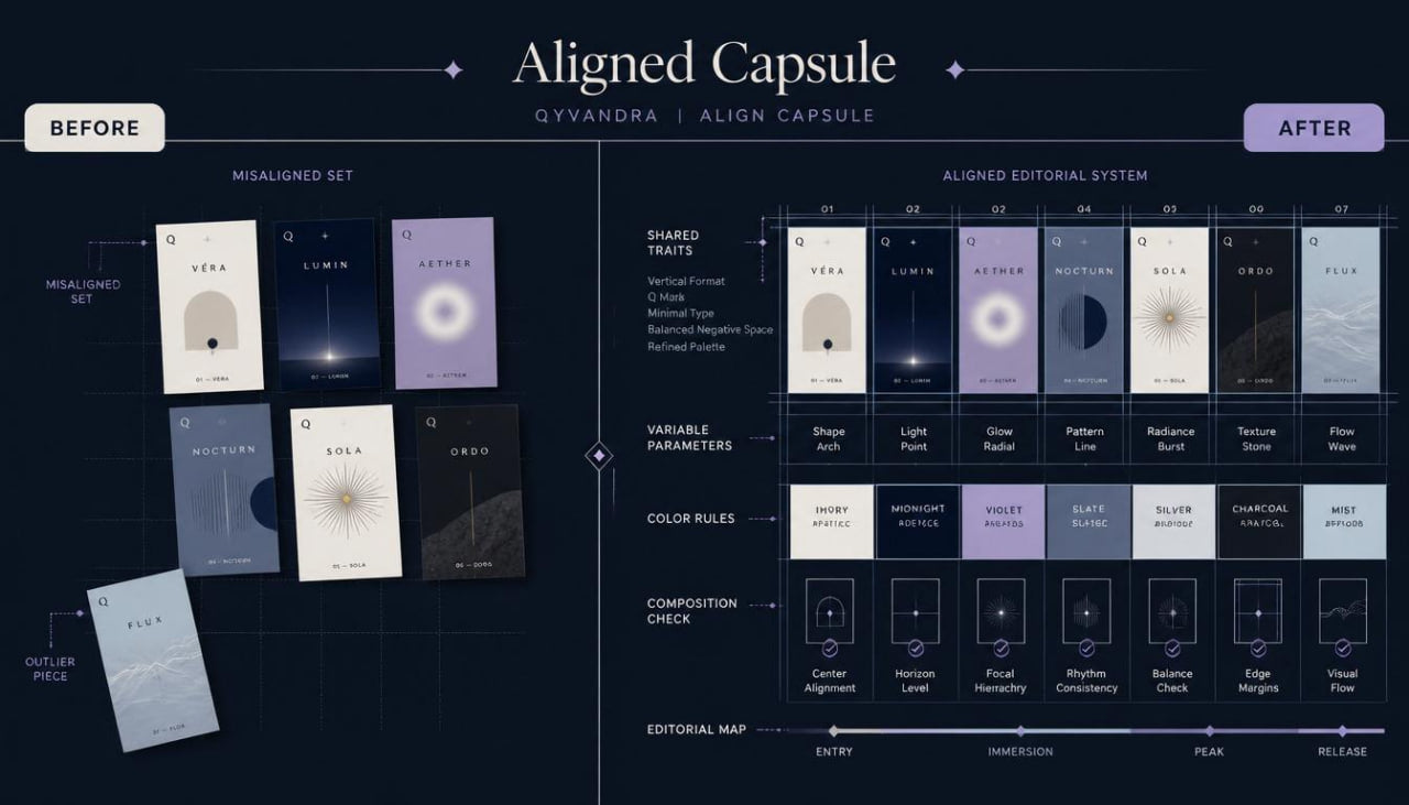 Comparison of 'Before' and 'After' design for 'Aligned Capsule' with text and icons on a dark background.