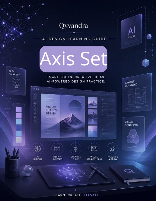 Qyvandra AI Design Learning Guide Axis Set with digital interface and tools on a dark background
