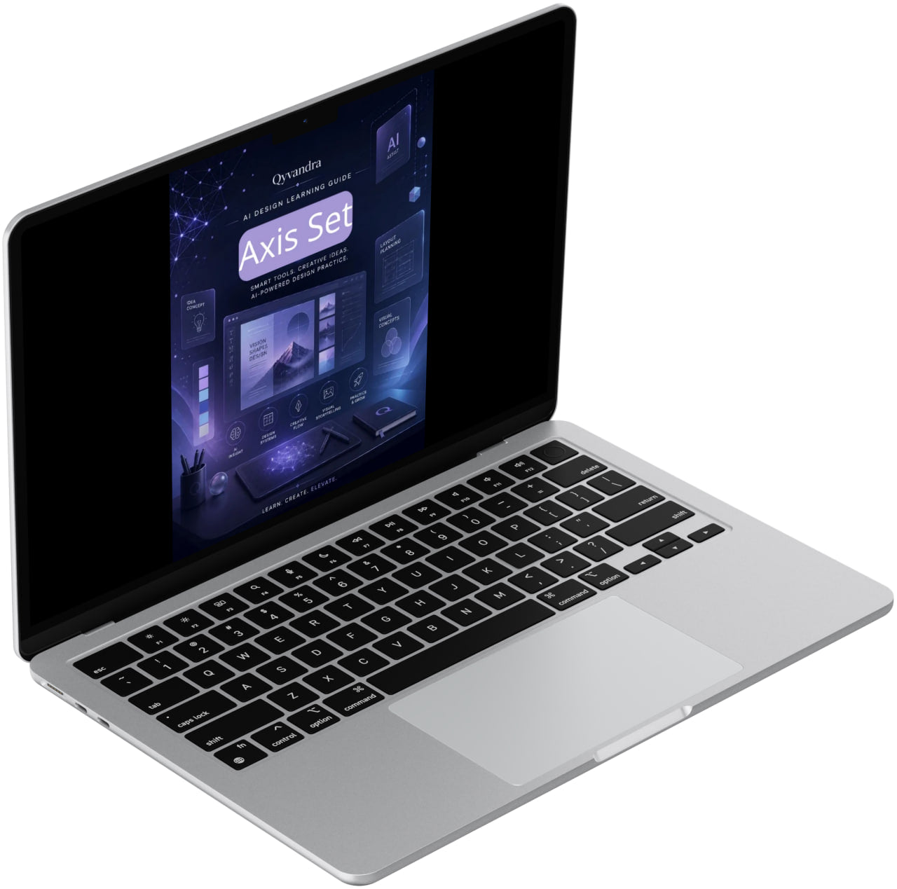 Laptop with a dark screen displaying software interface on a white background