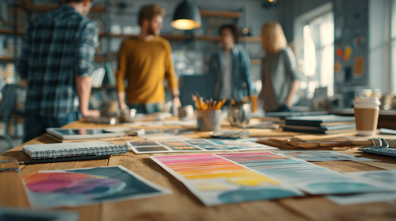 Collaborative workspace with people working and colorful design materials on a table.