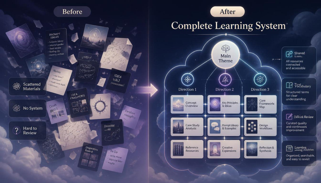 Before and after comparison of a learning system with a cloud diagram.