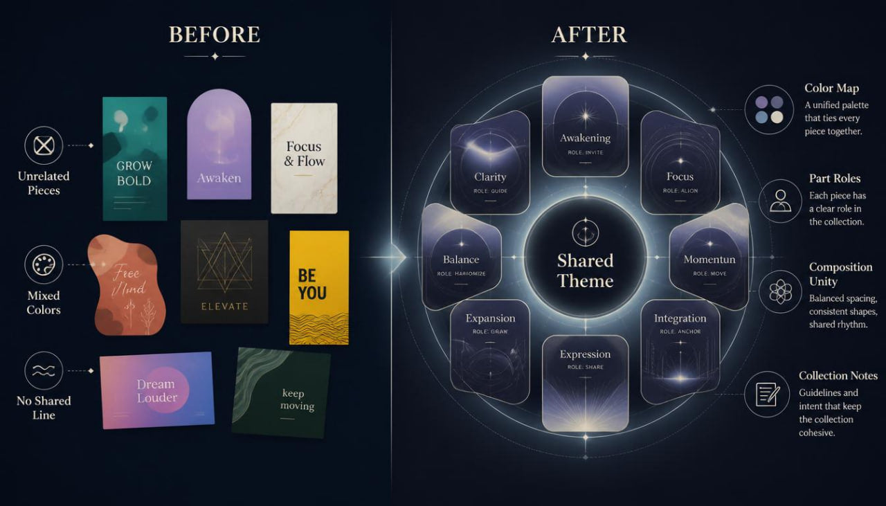 Before and after comparison of design elements with a shared theme.