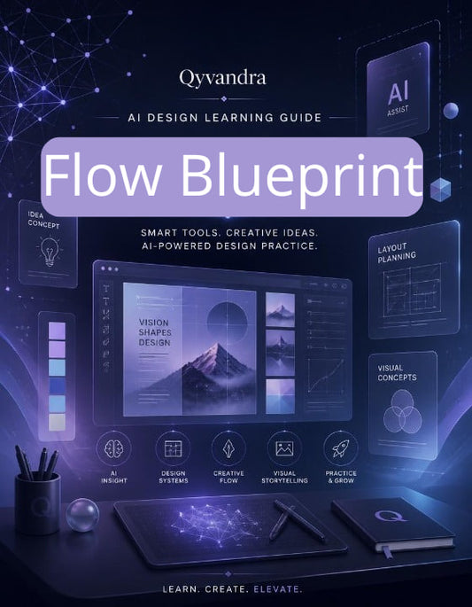 Cover of 'Flow Blueprint' by Qyvandra with a futuristic design interface on a dark background.