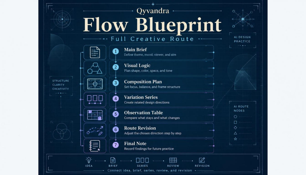 Qyvandra Flow Blueprint graphic with text and icons on a dark blue background