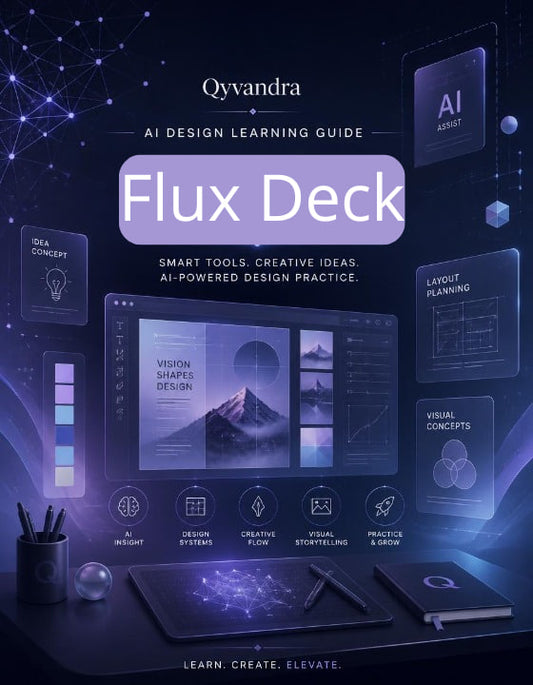 Flux Deck AI Design Learning Guide cover with digital interface design elements.