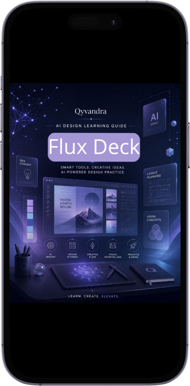 Phone displaying the Oyvandra Flux Deck app interface with a futuristic design.