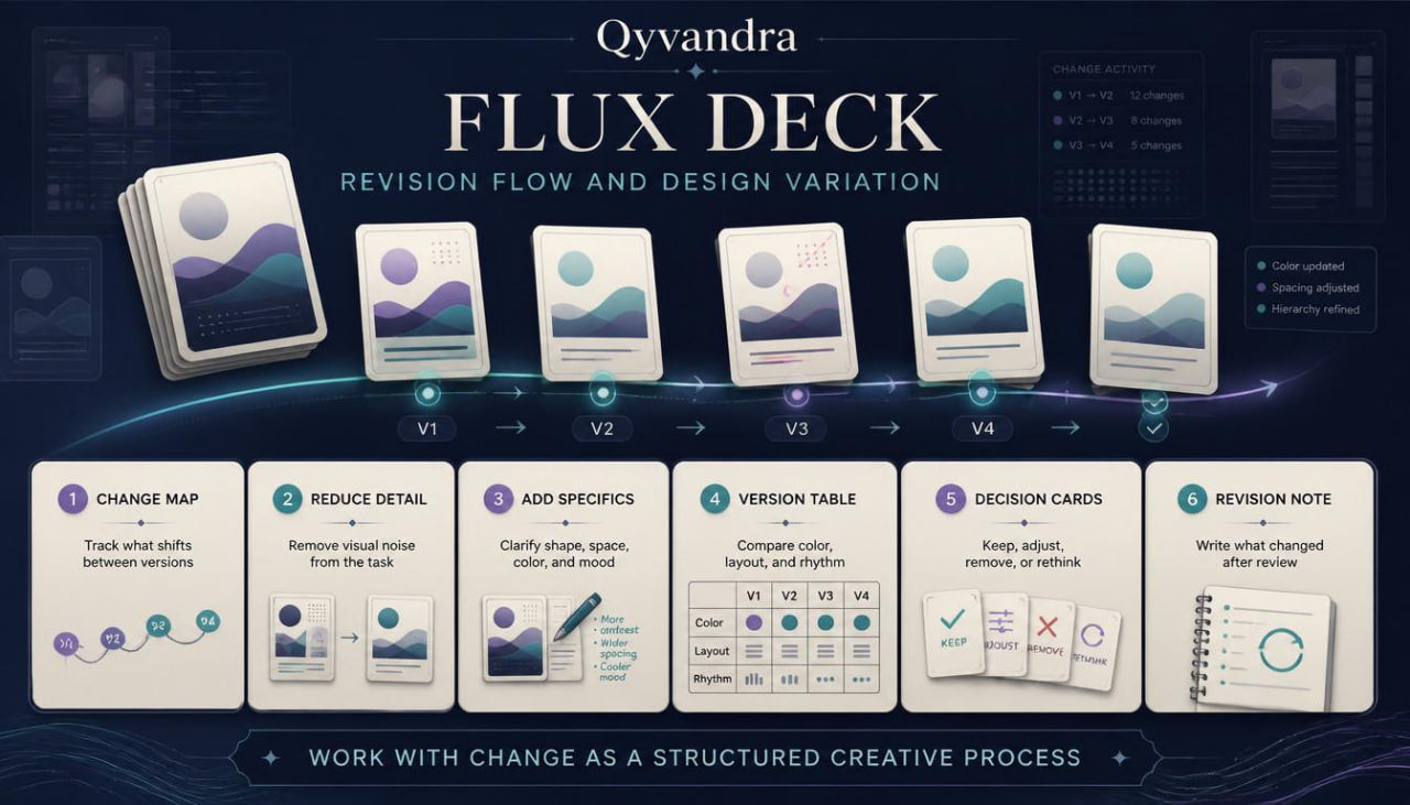 Qyvandra Flux Deck with cards and text on a dark background