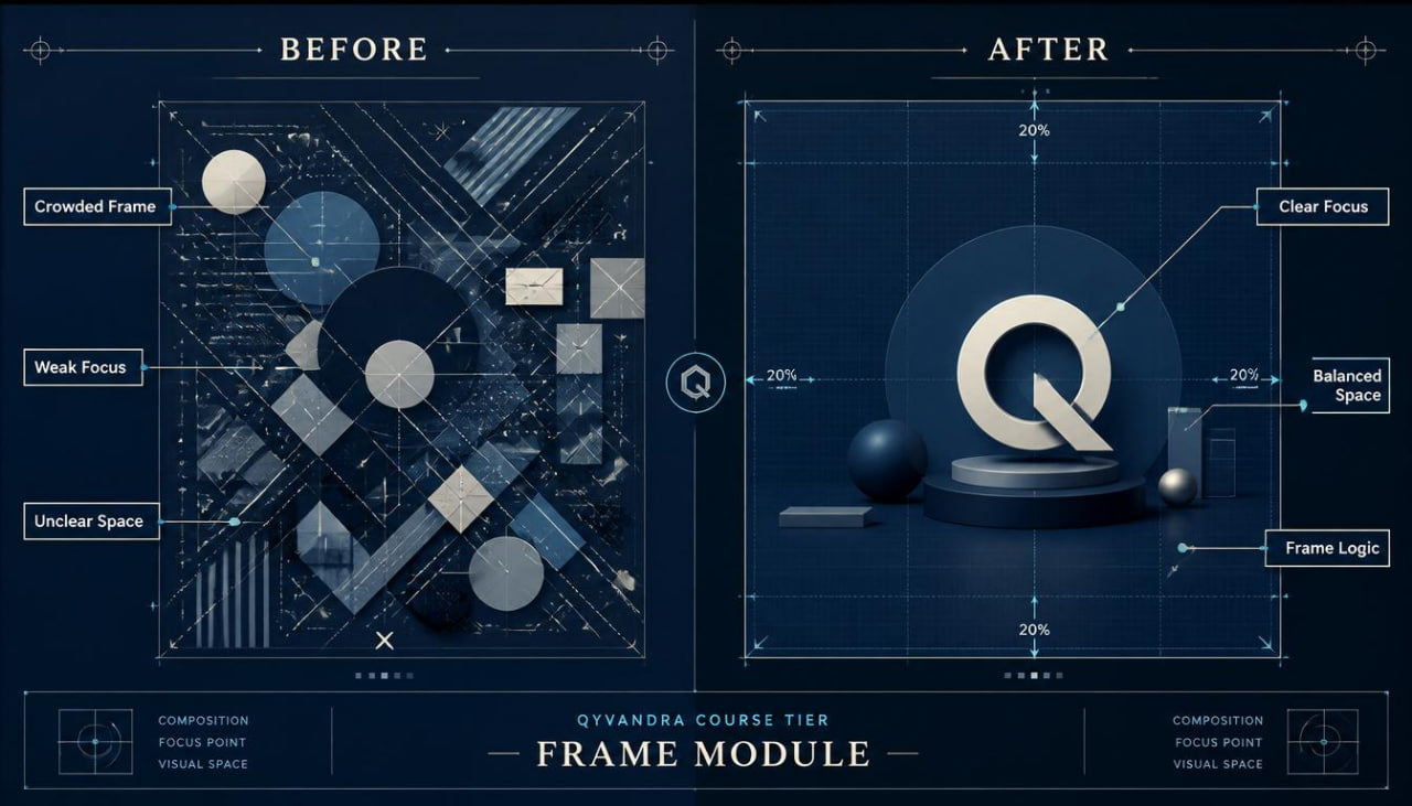 Before and after comparison of a design module with labeled improvements on a blue background.