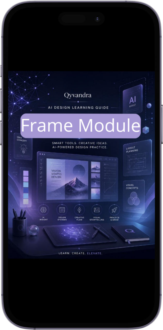 Smartphone displaying an AI design learning guide app with 'Frame Module' highlighted.