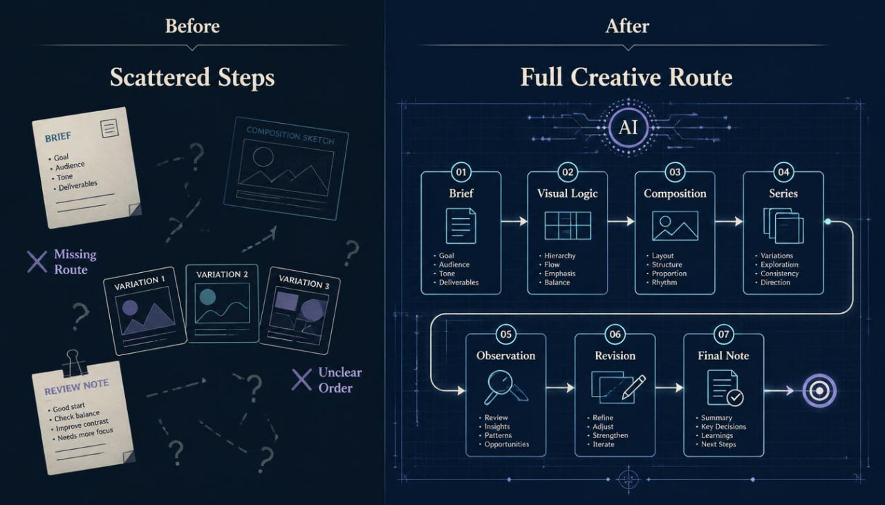Comparison of 'Before' and 'After' diagrams showing a scattered steps process to a full creative route with AI.