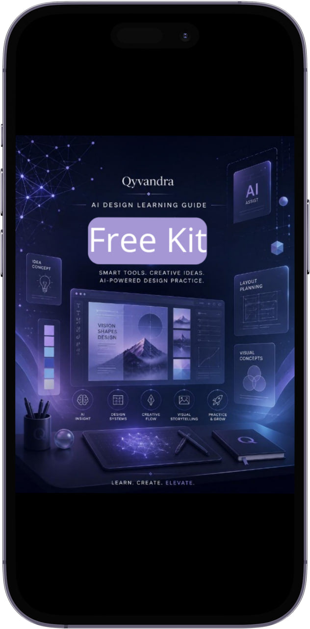 Smartphone displaying the Oyvandra AI Design Learning Guide Free Kit on a dark background