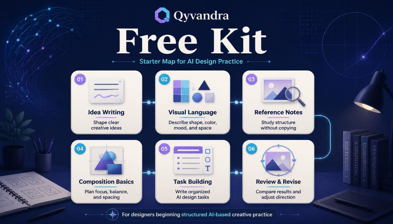 Qyvandra Free Kit for AI Design Practice with icons and text on a dark background