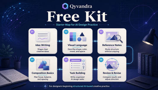 Qyvandra Free Kit for AI Design Practice with icons and text on a dark background