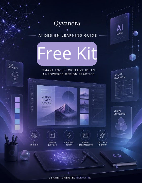 Qyvandra AI Design Learning Guide Free Kit with digital design tools and interface on a dark background.