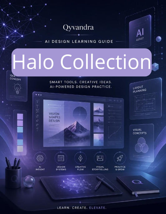 Cover of 'Qyvandra AI Design Learning Guide Halo Collection' with futuristic design elements.