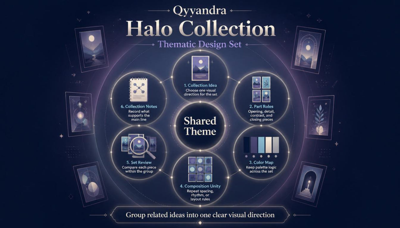 Qyvandra Halo Collection thematic design set with icons and text on a dark background