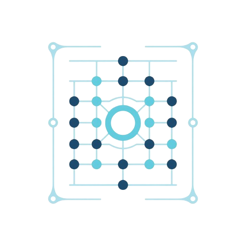 Geometric design with blue and black circles on a white background