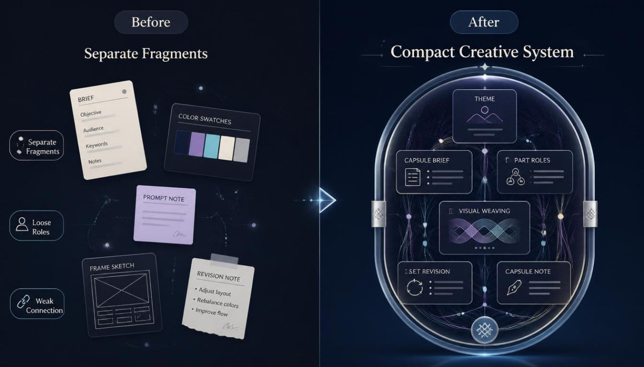 Comparison of 'Before' and 'After' design processes with a compact creative system on a dark background.