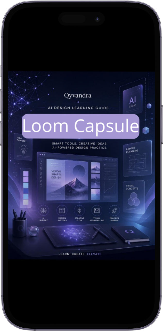 Phone screen displaying the Loom Capsule app interface with a futuristic design.