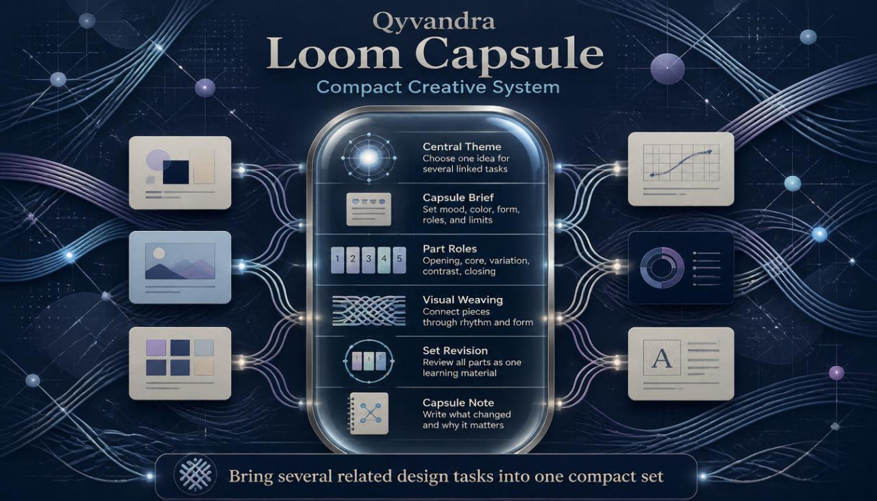 Qyvandra Loom Capsule compact creative system with interface elements on a dark background