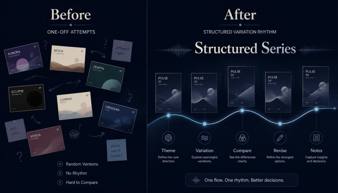 Before and after comparison of design elements with structured series approach on a dark background.