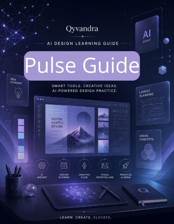 Cover of 'Pulse Guide' by Qyvandra with AI design elements and tools on a dark background.