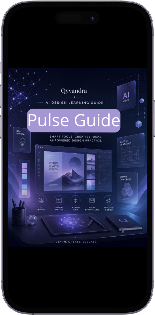 Phone displaying the Oyvandra AI Design Learning Guide with 'Pulse Guide' on a dark background